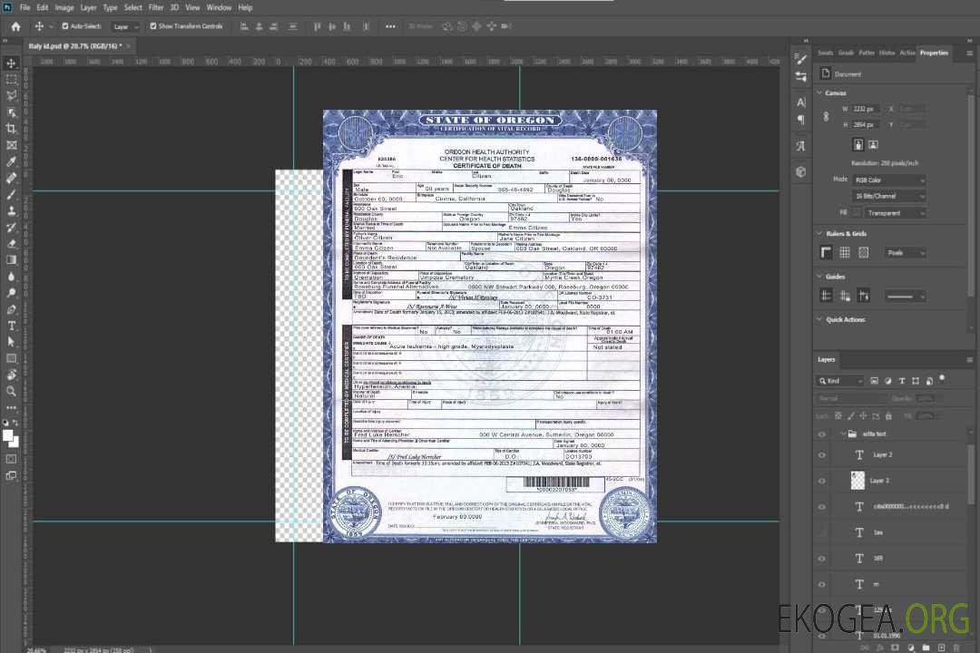 Certificat de décès aux États-Unis, dans l'Oregon template